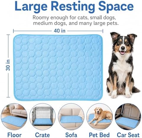Dog Cooling Mat, 40'' × 30'' Self Cooling Pad for Dogs and Cats, No Water Gel or Freezing Needed, Washable Breathable Summer Mat for Crate Kennel Car Sofa Bed Floor, Indoor Outdoor Use