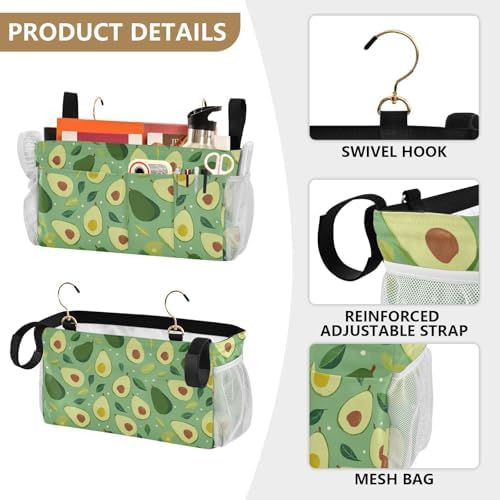 Bedside Caddy Hanging Bunk Bed Caddy Bed Organizer Hanging Pocket with 2 Hooks Bedside Storage Organizer Pocket Bag Holder Green Avocado and Leaf