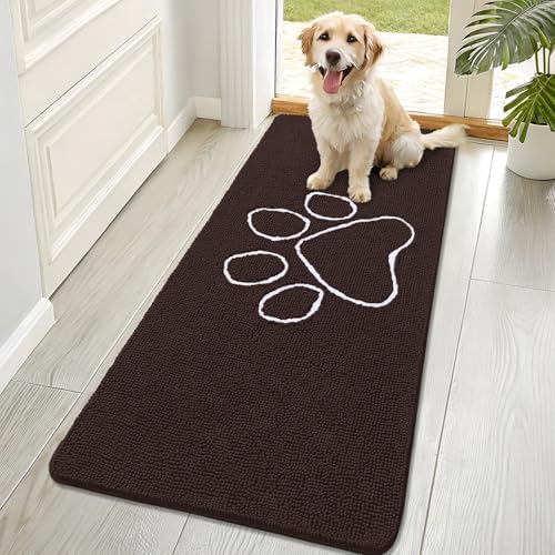 OLANLY Dog Door Mat for Muddy Paws 70x32, Paw Print Design Chenille Mud Mat