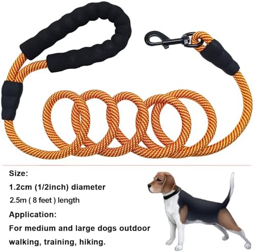 MayPaw Heavy Duty Rope Dog Leash, 3/4/5/6/7/8/10/12/15 FT Nylon Pet Leash, Soft Padded Handle Thick Lead Leashes for Large Medium Dogs (Orange, 1/2" * 8')