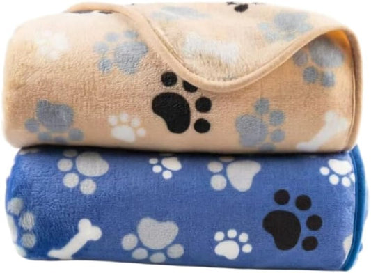 Dog Blanket Paw Bone Pattern 1 Pack 2 Super Soft Warm Flannel Sofa Cover Car Bed Protector, Urine Proof Washable Outdoor Pet Blanket for Puppy Large Dogs & Cats,40"*30" Blue&Beige