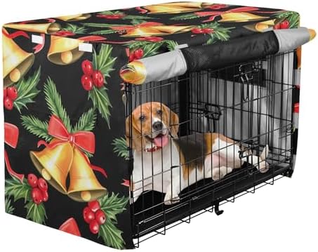 Kigai Christmas Bell Dog Crate Cover Oxford Fabric Windproof Waterproof Kennel Cover with Breathable Mesh & Roll-Up Panels, Fit for 41 in Cage, Washable