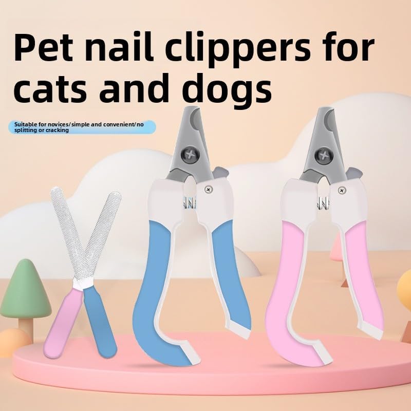 Safety Guard Pet Nail Clipper and File Set, Stainless Steel Crescent Blade, Spring Loaded Locking Grooming Tool, Small and Large for Cats and Dogs