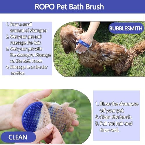 Dog bath brush, ROPO rubber massage dog shampoo brush, used for pet grooming, removing shedding fur, combing tangles and dead fur, suitable for pet dogs and cats (blue)