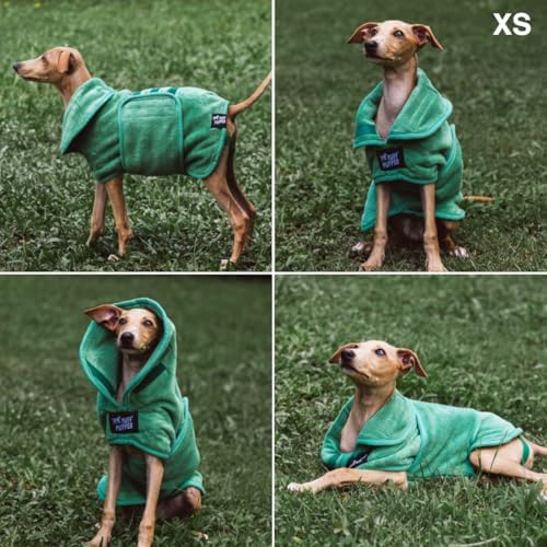 Tuff Pupper Fast Drying Dog Bath Robe | 800 GSM Plush Dog Towel Bathrobe/Dressing Gown | Super Absorbent Pet/Puppy Bathrobe | Adjustable Hood & Belly Strap | Super Soft | Fast Drying (XS, Green)