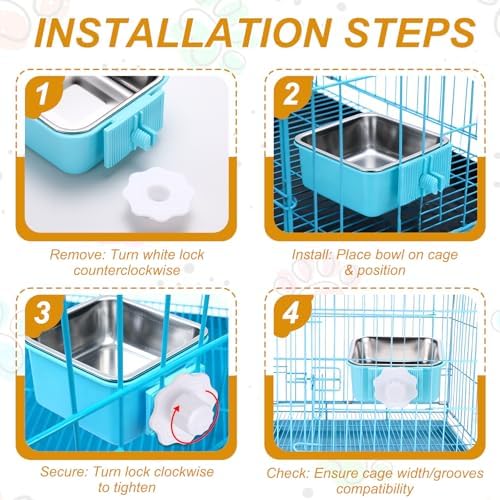 Crate Dog Bowl, Removable Stainless Steel Pet Cage Hanging Anti-Overturn Food Water Feeder Cage Cup (2Pcs, Square, Dark Blue/Orange, 17.7oz), Intended for Puppies/Cat/Rabbit/Bird