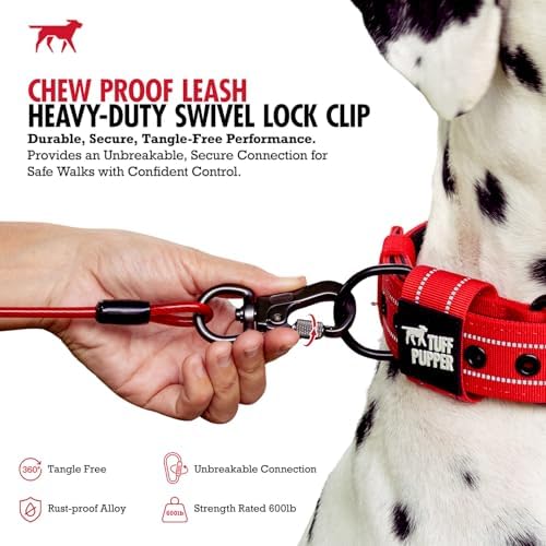 Tuff Pupper Chew Proof Dog Leash | Steel Cable Bite Resistant Lead | Twist Lock Carabiner | Heavy Duty for Large Dogs & Teething Puppies | Comfortable Padded Handle | 4FT & 6FT Lengths (Red, 4 Feet)