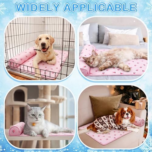 DoubleFill 4 Pack Cooling Pet Mats 23.6" x 31.5" Cooling Dog Beds with Supportive Pillow Self Ice Washable Cool Pads Summer Cat Sleeping Pad with Storage Bag for Summer Crate Floor (Large, Pink)