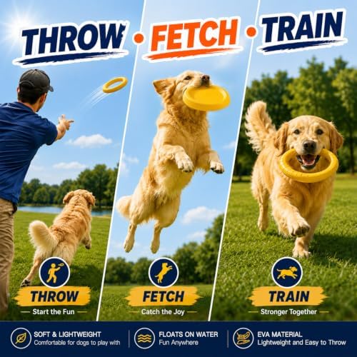 Dog Frisbee & Ring Toy 6pc Set, EVA Soft Flying Disc + Dog Ring Toy, Water Toys for Dogs, Outdoor Dog Toys for Large Dogs, Includes Poop Bag Dispenser & Biodegradable Bags, Lightweight Dog Chase Toy