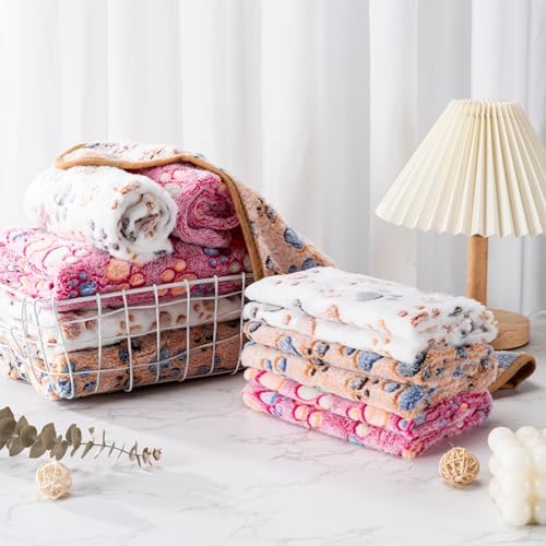 1 Pack 3 Blankets Super Soft Fluffy Premium Fleece Pet Blanket Flannel Paw Printed Throw for Dog Puppy Cat (Small 23x16'', Dark Coffee, Brown, Purple)