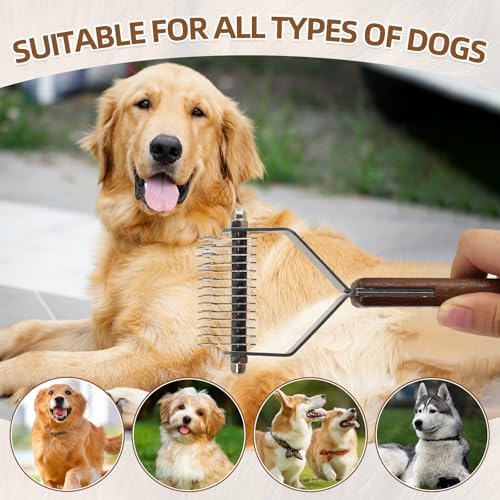 Large 2-Sided Undercoat Rake for Dogs and Cats，Professional Pet Grooming Shedding Tool Combs for animals，Stainless Steel with Wooden Handle for Thick Coats(14-Blades)