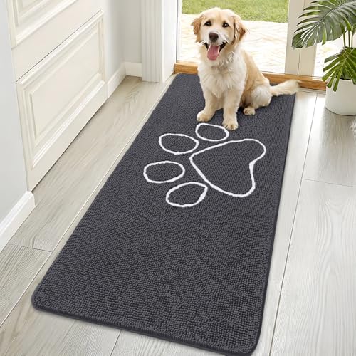 OLANLY Dog Door Mat for Muddy Paws 70x35, Paw Print Design Chenille Mud Mat