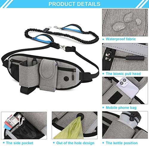 Hands Free Dog Leash with Waist Bag, Adjustable Waist Belt for Walking Training Hiking Jogging Biking, Adjustable Waist Belt Fits Waist Sizes from 20" to 51" (Grey)