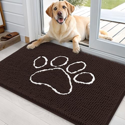 OLANLY Dog Door Mat for Muddy Paws 36x24, Paw Print Design Chenille Mud Mat