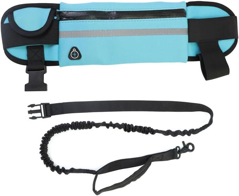 Hands Free Dog Lead with Running Waist Pack, Shock Absorbing Elastic Bungee, Waterproof Pouch with Earphone Hole, Reflective Strip, Adjustable for Jogging, Walking and Hiking