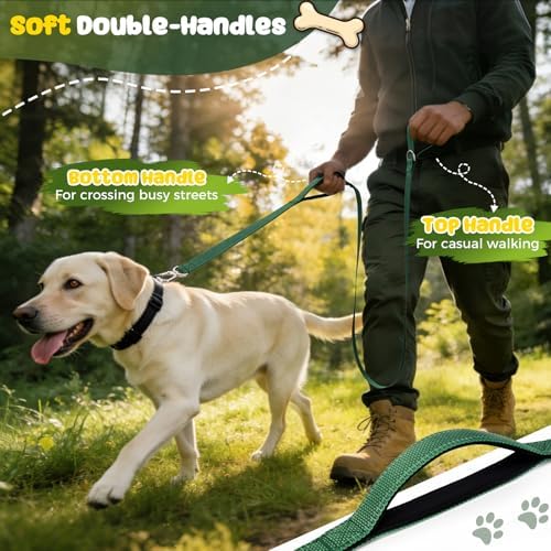 Heavy Duty Dog Leash with Easy Lock Metal Clip, Reflective, Padded Handle - Durable 6ft Walking Training Green Leash for Large, Medium, Small Dogs, Jogging, Hiking, and Outdoor Use