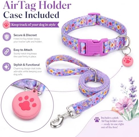Floral Matching Dog Collar and Leash Set with AirTag Holder-Purple Daisy/L