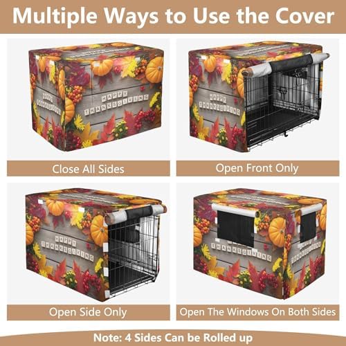 Kigai Thanksgiving Dog Crate Cover Oxford Fabric Windproof Waterproof Kennel Cover with Breathable Mesh & Roll-Up Panels, Fit for 35 in Cage, Washable