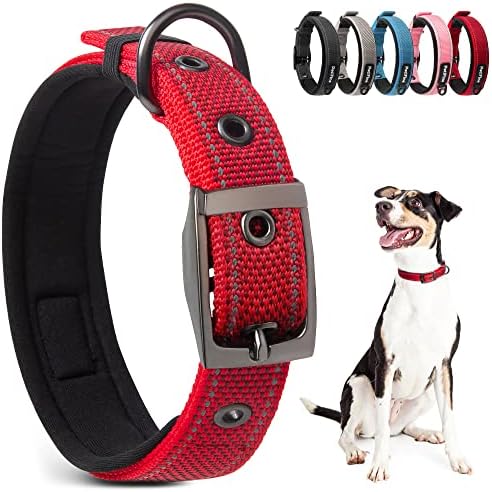 PetiFine Dog Collar for Large Dogs, Neoprene Padded and Adjustable, Reflective Wide Heavy Duty Pet Collars with Durable Metal Belt Buckle for Walking, Red, L