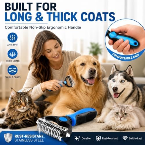 Professional Pet Grooming Tool Set (Large & Small 2-Pack), 2-in-1 Dual-Sided Undercoat Rake for Dogs & Cats, Dematting Comb & Deshedding Brush for Long Haired Pets with Thick Coats (2PC Blue-B)