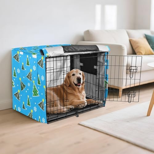 Kigai Christmas Tree Dog Crate Cover Oxford Fabric Windproof Waterproof Kennel Cover with Breathable Mesh & Roll-Up Panels, Fit for 54 in Cage, Washable