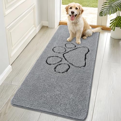 OLANLY Dog Door Mat for Muddy Paws 70x32, Paw Print Design Chenille Mud Mat