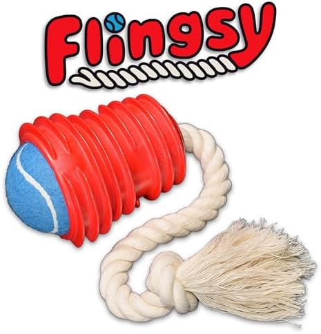 Made in USA Flingsy Dog Ball Launcher and Rope Tug Fetch Thrower Combination Throwing Toy with 100-Percent Natural Cotton Rope