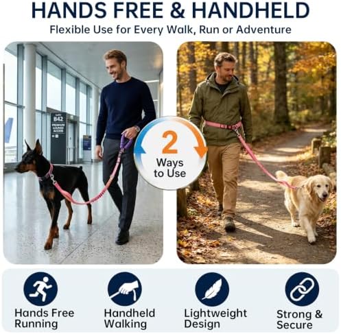 Hands Free Dog Leash and Collar Set Reflective Nylon Pet Lead Handles by Padded Traffic Handle for Small Medium and Large Dogs