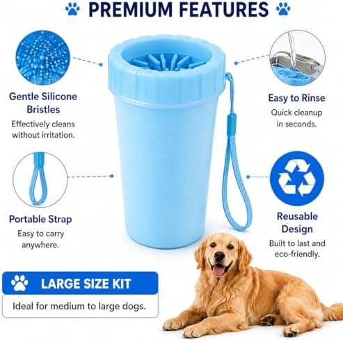 5-in-1 Dog Paw Cleaner Kit (Large, Blue) – Portable Paw Washer Cup with 3 Cleaning Brushes & Towel, Soft Silicone Pet Foot Cleaner for Dogs & Cats, Removes Mud & Dirt Easily