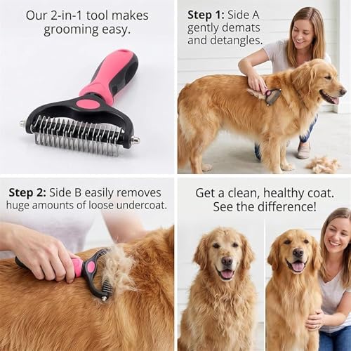Pet Pro Grooming Tool, 2-in-1 Deshedding Dog Brush with 9/24 Teeth Undercoat Rake for Dogs & Cats, Dual-Sided Stainless Steel Pet Comb for Long Hair & Thick Coats