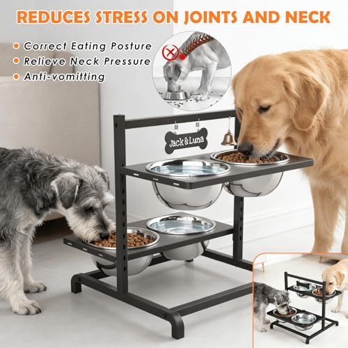 ADENGL Elevated Dog Bowl Stand with 4 Stainless Steel Bowls (1700ml/58oz) – 9 Height Adjustable Raised Pet Feeder from 4.9" to 14.5" for Large Dogs & Multi-Pet Homes, with Bone Name Tag
