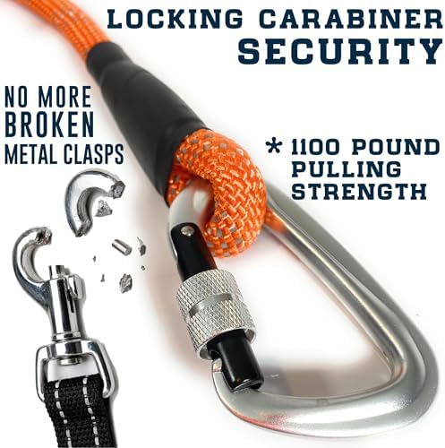 Heavy Duty Rope Dog Leash with 1100LB Rated Locking Carabiner – 6FT Climbing-Inspired Reflective Rope Leash for Large & Medium Dogs that Pull – Padded Handle (Black/Yellow)