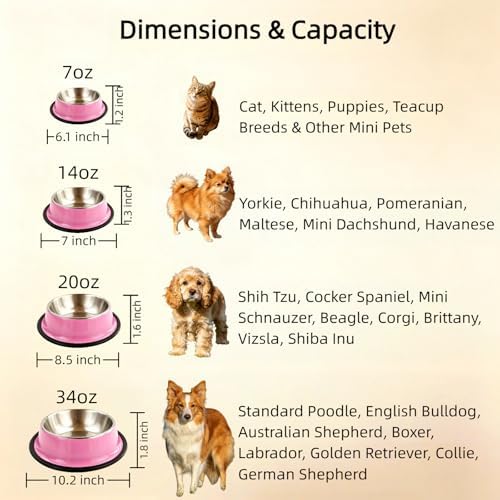 Stainless Steel Dog Bowls, Non-Slip Pet Food Water Bowls 2 Pack, Dishwasher Safe for for Cats Puppies Small Medium Large Dogs (Pink, 2½ Cup / 20 oz)