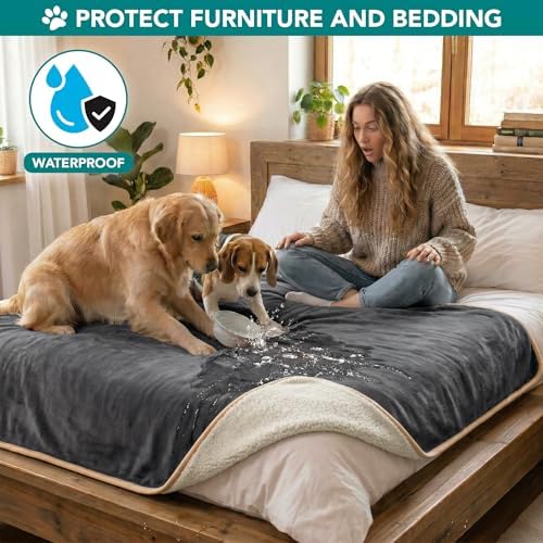 PetAmi Waterproof Dog Blanket Puppy Cat Large Couch Cover, 60x80 Grey/Beige