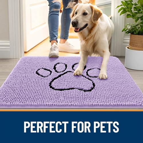 OLANLY Dog Door Mat for Muddy Paws 36x24, Paw Print Design Chenille Mud Mat