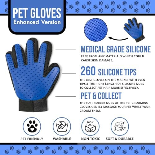 Dog Grooming Gloves and Bath Brush Set – Deshedding Pet Gloves for Dogs and Cats, Removes Loose Fur, Easy Bath and Massage Tool – Blue