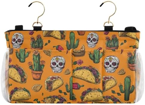 Bedside Caddy Hanging Bunk Bed Caddy Bed Organizer Hanging Pocket with 2 Hooks Bedside Storage Organizer Pocket Bag Holder Orange Mexico Tacos Chilis Skulls