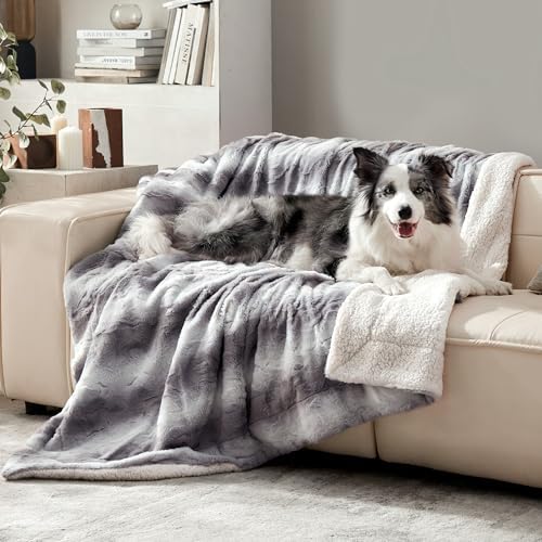 Waterproof Dog Blanket for Large Dogs, Dual-Sided Comfort Pet Calming Blanket for Couches, Cozy Cat Blanket Fleece Washable, Reversible Throw Blanket for Furniture Protection, 50"x60", Grey