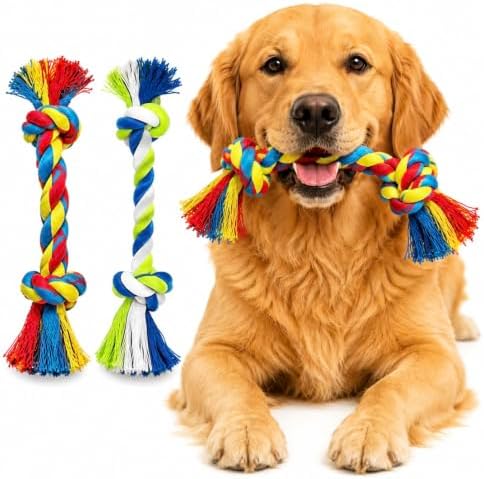2-Pack Dog Rope Toys for Medium & Large Dogs – Durable 10" Cotton Chew Tug Toys with 2 Knots for Puppy Teething, Dental Cleaning, Boredom Relief, Indoor & Outdoor Play, Multi-Color