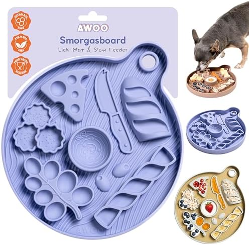 Awoo Smorgasboard - Silicone Dog and Puppy Lick Mat and Slow Feeder with Suction Cups - Non-Slip, Dishwasher Safe Pet Dish - Extends Mealtime for Fast Eaters - for Wet & Dry Food (Misty Blue)