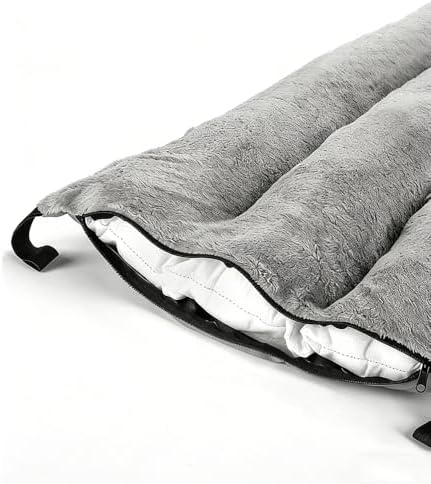 Plush Dog Bed Mat, Washable Pet Cushion with Secure Straps, Non-Slip Kennel Pad for Small Medium Large Dogs, Cozy Fluffy Puppy Bed for Crate, Car, Home (Grey Plush Mat, XL)
