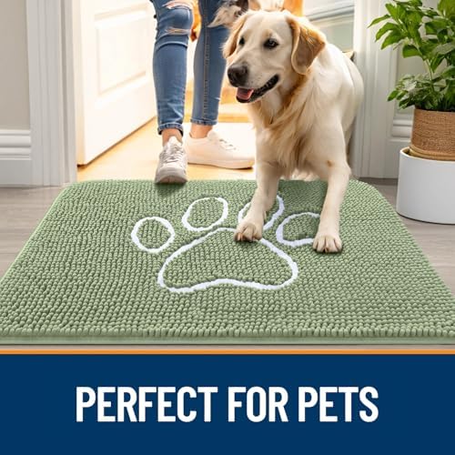 OLANLY Dog Door Mat for Muddy Paws 59x20, Paw Print Design Chenille Mud Mat