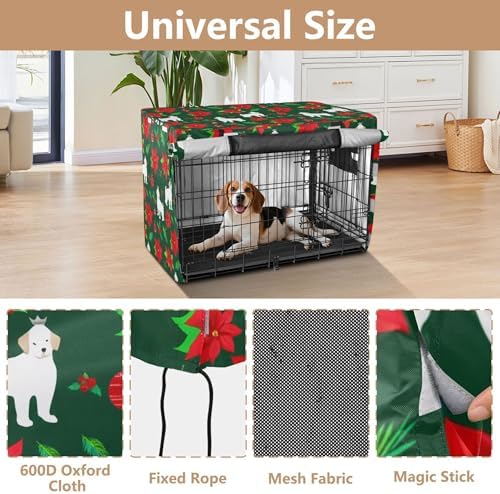 Kigai Christmas Decor Dog Crate Cover Oxford Fabric Windproof Waterproof Kennel Cover with Breathable Mesh & Roll-Up Panels, Fit for 48 in Cage, Washable