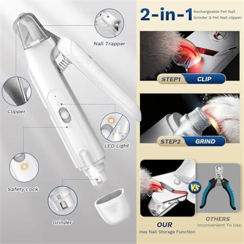 2-in-1 Rechargable Pet Nail Clipper Grinder (White)