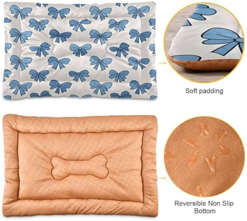 Blue Bow Tie Dog Bed Mat Non-Slip Washable Dog Crate Pad Soft Fluffy Kennel Pad for Small Medium Pet, 24"x 36"