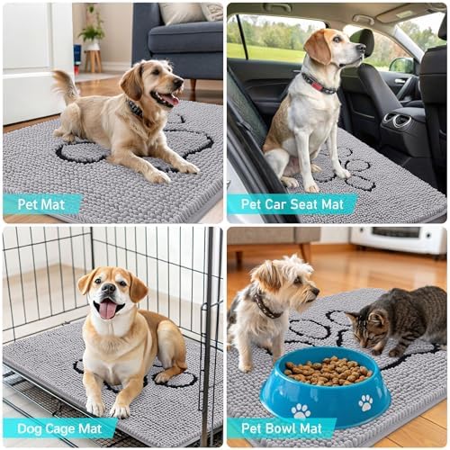 OLANLY Dog Door Mat for Muddy Paws 36x24, Paw Print Design Chenille Mud Mat