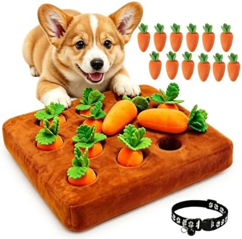 Carrot Patch Dog Toy, Snuffle Mat for Dogs 2-in-1 Foraging Puzzle with 12 Carrots, Non-Slip Washable Enrichment Toy Relieves Stress for Small Medium Dogs Cats，12-Hole Carrot