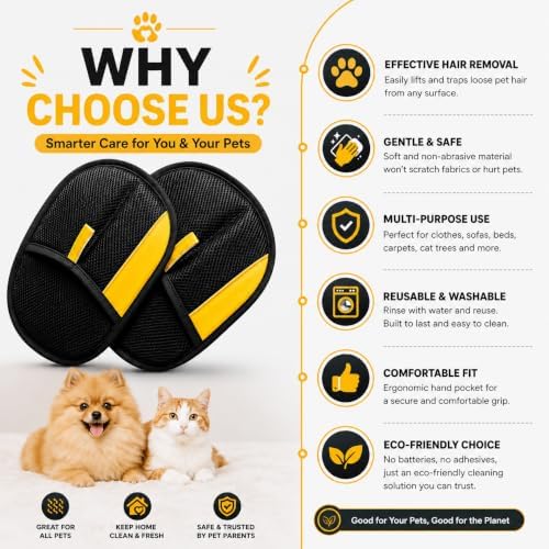Pet Hair Removal Gloves 2 Pack for Dogs & Cats, Reusable Grooming Gloves
