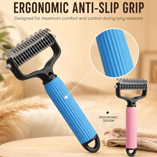 2 Pcs Pet Grooming Brush, Double Sided Undercoat Rake & Dematting Comb for Dogs and Cats, Detangling Tool for Matted Fur, Ideal for Medium or Long Haired Breeds (Blue+Pink, Large)