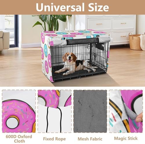 Kigai Donuts Dog Crate Cover Oxford Fabric Windproof Waterproof Kennel Cover with Breathable Mesh & Roll-Up Panels, Fit for 48 in Cage, Washable